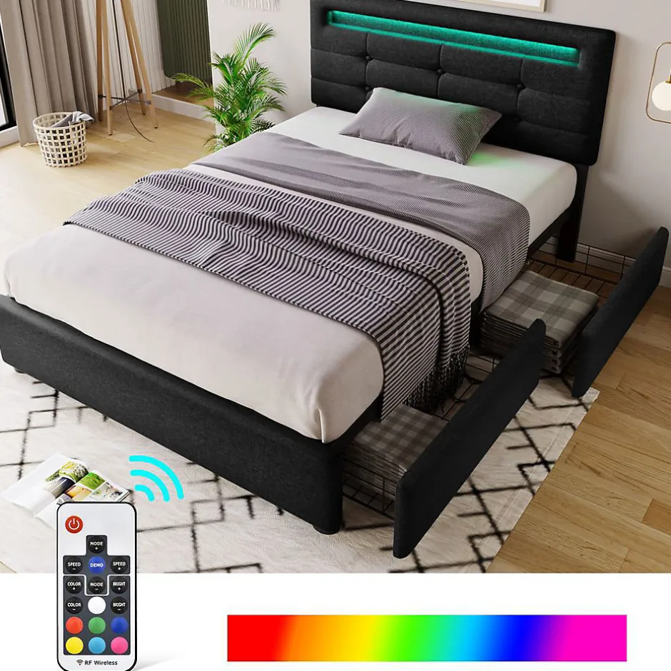 Blackcolors Sommier LED 2 Tiroirs 90x200cm Bois Tête Réglable Noir