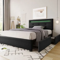 Blackcolors Sommier LED 2 Tiroirs 90x200cm Bois Tête Réglable Noir