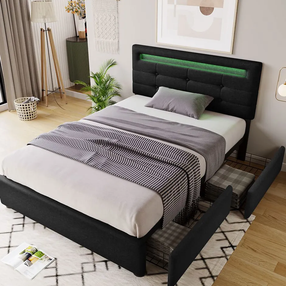 Blackcolors Sommier LED 2 Tiroirs 90x200cm Bois Tête Réglable Noir