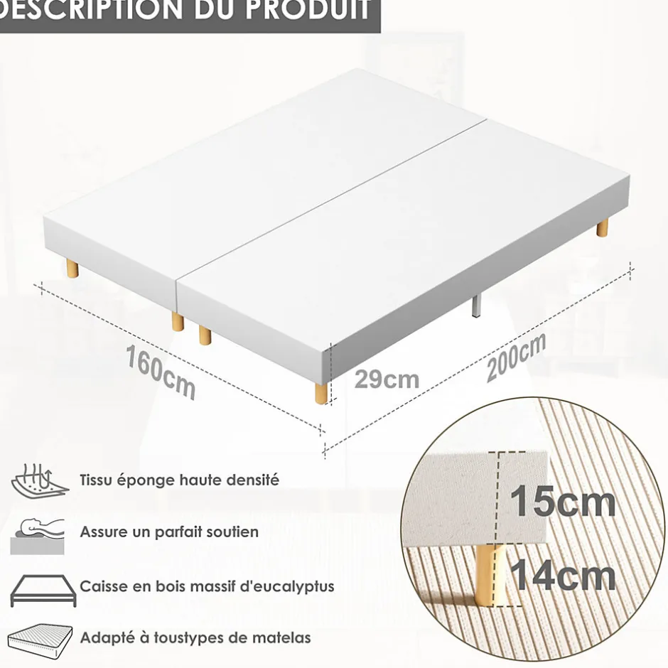 Teeno Sommier tapissé 160x200 cm(2x80x200), 12 pieds pour un maintien stable, hauteur 29 cm, housse amovible incluse