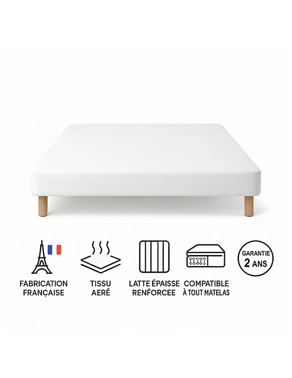 By Sommiflex. SOMMIER TAPISSIER BLANC 140x200 cm FABRICATION FRANÇAISE ARTISANALE PIEDS OFFERTS HAUTEUR avec PIEDS 27 cm
