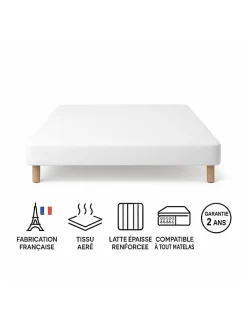 By Sommiflex. SOMMIER TAPISSIER BLANC 160x200 cm FABRICATION FRANÇAISE ARTISANALE PIEDS OFFERTS HAUTEUR avec PIEDS 27 cm Discount