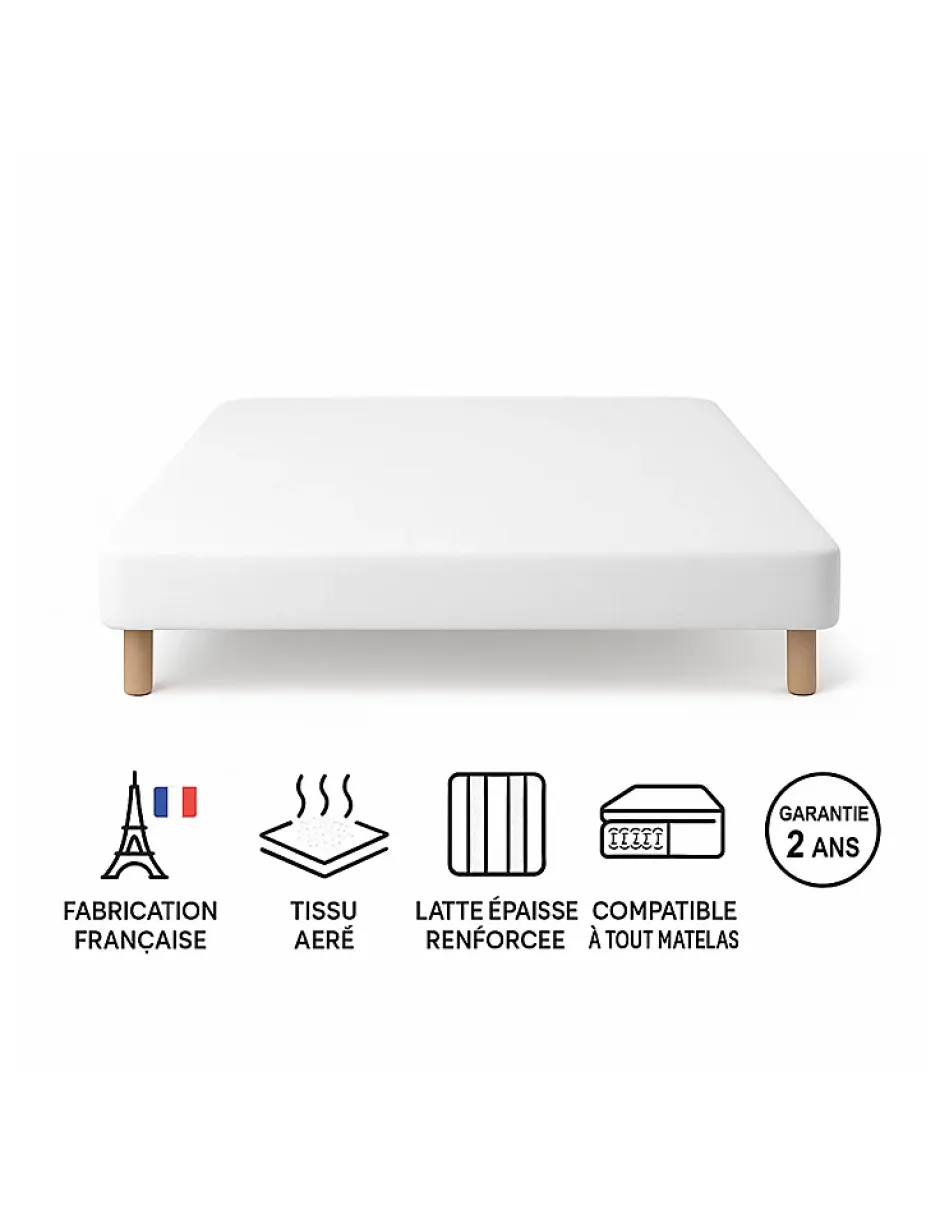 By Sommiflex. SOMMIER TAPISSIER BLANC 160x200 cm FABRICATION FRANÇAISE ARTISANALE PIEDS OFFERTS HAUTEUR avec PIEDS 27 cm Discount