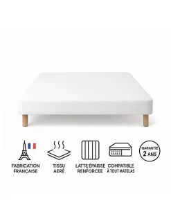 By Sommiflex. SOMMIER TAPISSIER BLANC 130x190 cm FABRICATION FRANÇAISE ARTISANALE PIEDS OFFERTS HAUTEUR avec PIEDS 27 cm