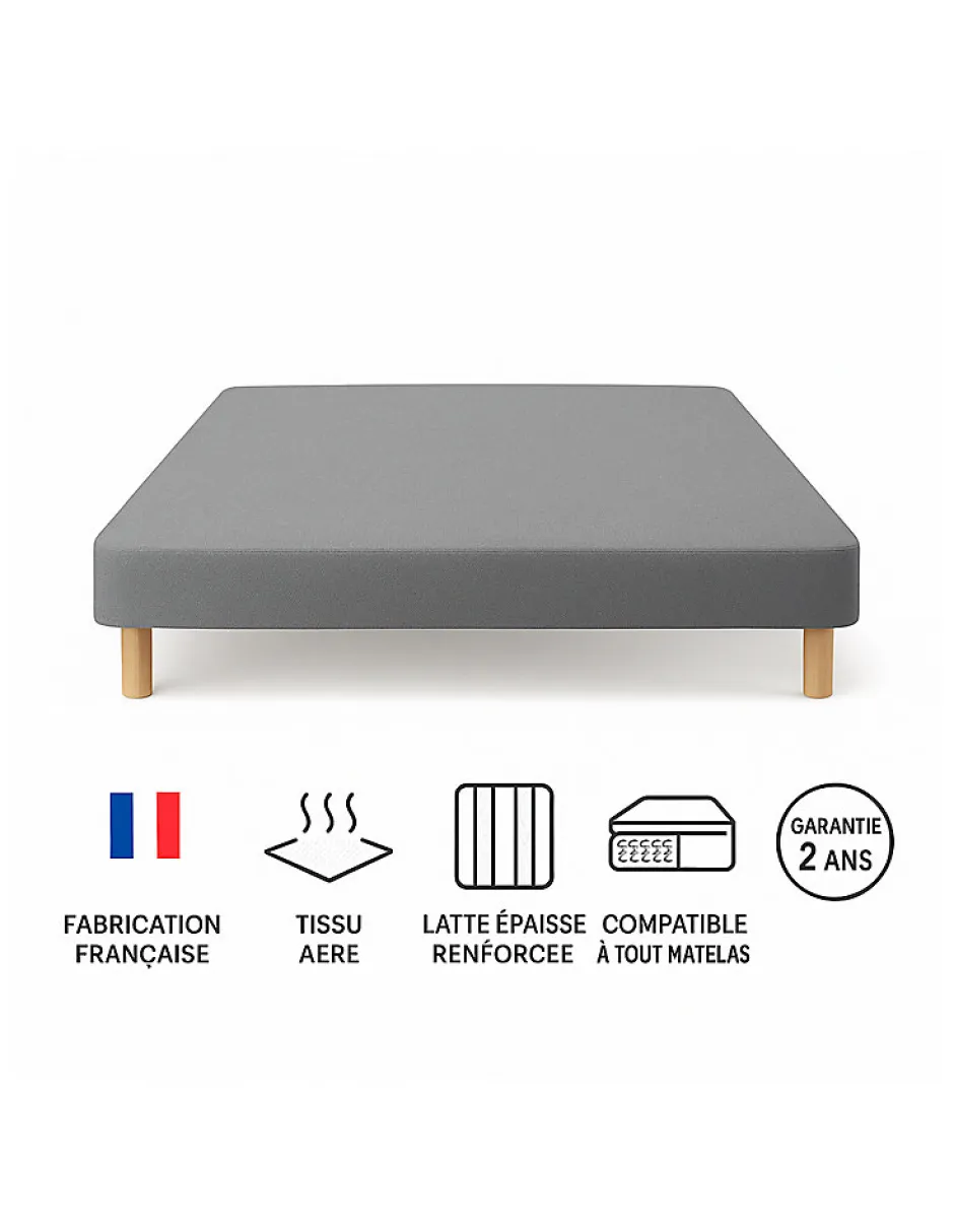 By Sommiflex. SOMMIER TAPISSIER GRIS 160x200 cm FABRICATION FRANÇAISE ARTISANALE PIEDS OFFERTS HAUTEUR avec PIEDS 27 cm