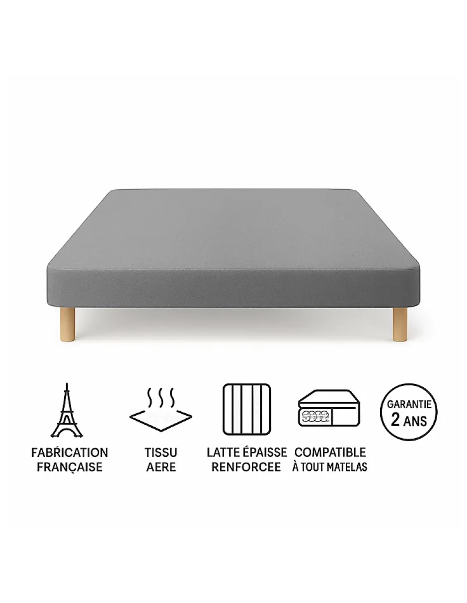 By Sommiflex. SOMMIER TAPISSIER GRIS 130x200 cm FABRICATION FRANÇAISE ARTISANALE PIEDS OFFERTS HAUTEUR avec PIEDS 27 cm Clearance