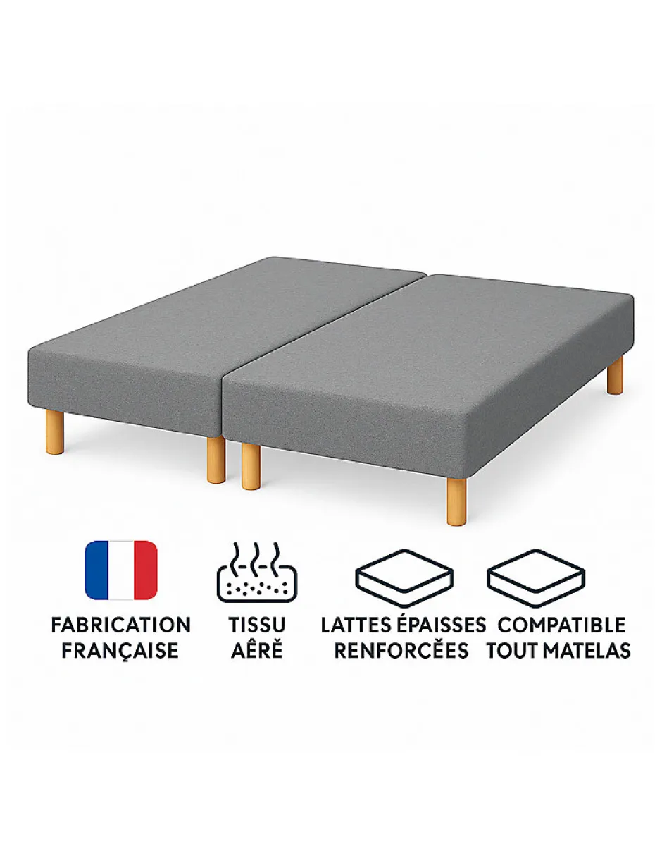By Sommiflex. SOMMIER TAPISSIER GRIS 70x190x2 (140x190) FABRICATION FRANÇAISE ARTISANALE PIEDS OFFERTS HAUTEUR avec PIEDS 27 cm