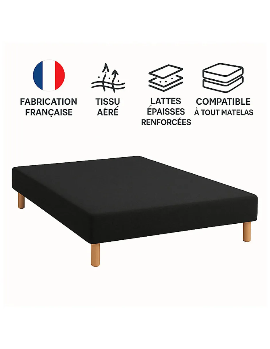 By Sommiflex. SOMMIER TAPISSIER NOIR 120x190 cm FABRICATION FRANÇAISE ARTISANALE PIEDS OFFERTS HAUTEUR avec PIEDS 27 cm