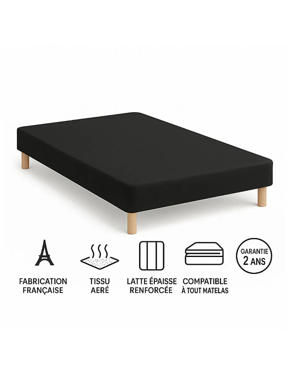 By Sommiflex. SOMMIER TAPISSIER NOIR 140x190 cm FABRICATION FRANÇAISE ARTISANALE PIEDS OFFERTS HAUTEUR avec PIEDS 27 cm