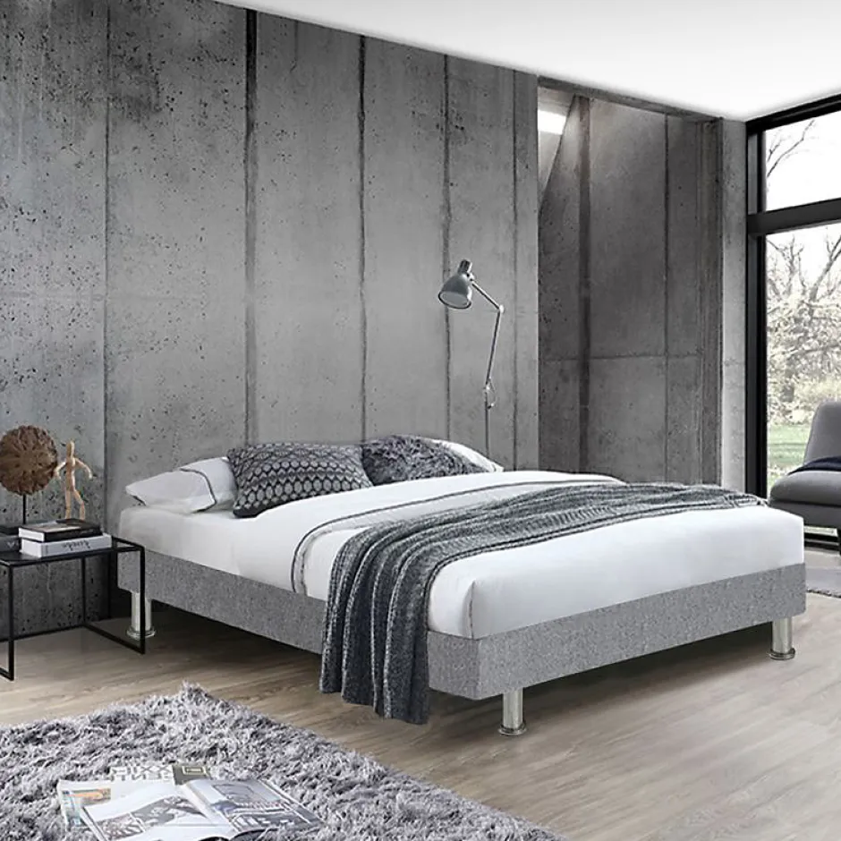 Meubletmoi Sommier tapissier 160x200 cm en tissu gris et pieds métal - REMIMOS