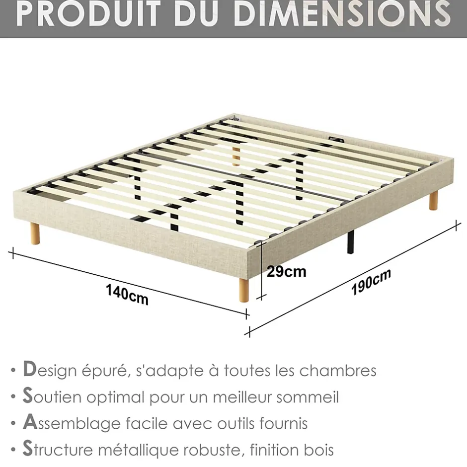 Teeno Sommier tapissier 140x190 cm 2x14 lattes, 9 pieds Hauteur du cadre 29 cm Outlet