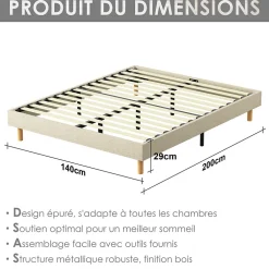 Teeno Sommier tapissier 140x200cm, 14 lattes, 9 pieds Hauteur du cadre 29 cm