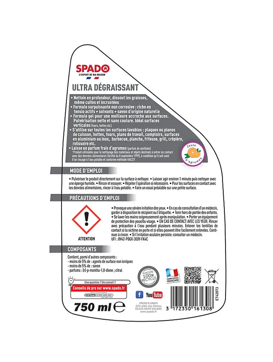 Boldair Spray gel nettoyant ultra dégraissant spécial graisses cuites Spado 750ml