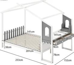 Giantex Structure de Lit 200x140CM avec Bureau Étude sur le Côté et 2 Tiroirs Aucun Sommier Nécessaire 253X102X193CM Blanc