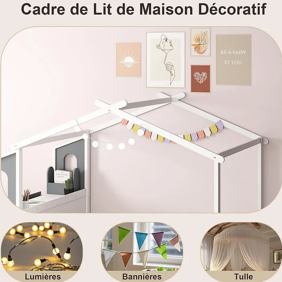 Giantex Structure de Lit 200x140CM avec Bureau Étude sur le Côté et 2 Tiroirs Aucun Sommier Nécessaire 253X102X193CM Blanc