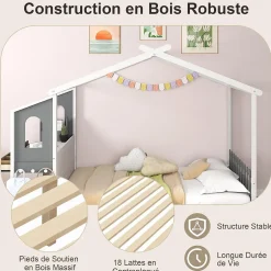 Giantex Structure de Lit 200x140CM avec Bureau Étude sur le Côté et 2 Tiroirs Aucun Sommier Nécessaire 253X102X193CM Blanc