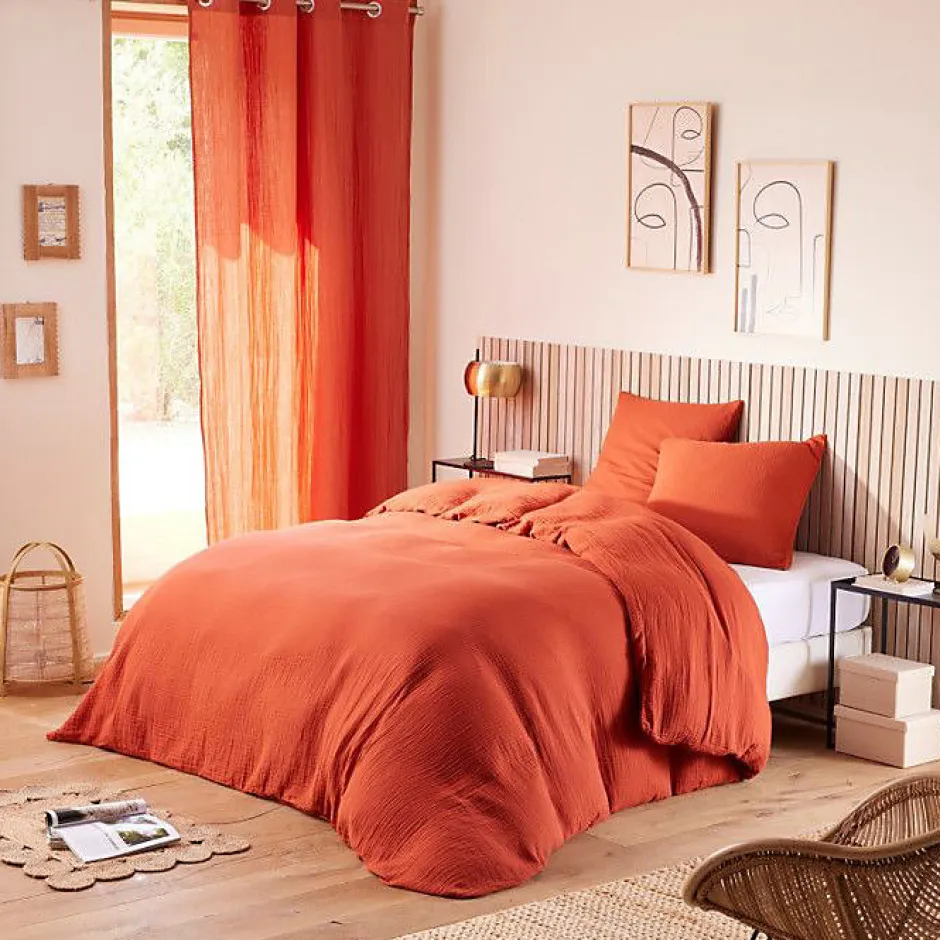 Coton Pur Taie d'oreiller "Noah" 50 x 70 cm "Gaze de Coton" - Noah Terracotta Hot