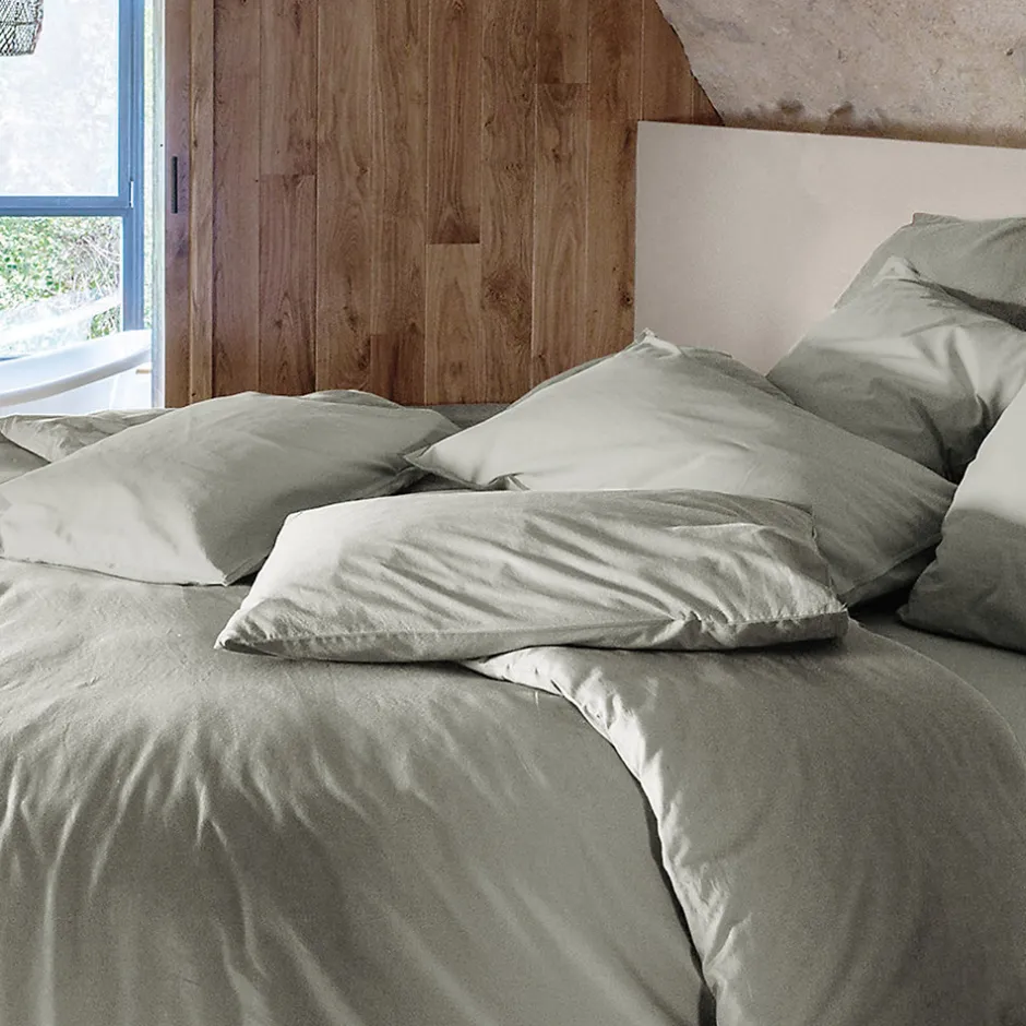 Linnea Taie d'oreiller PALACE pur coton lavé 65x65 cm uni vert laurier