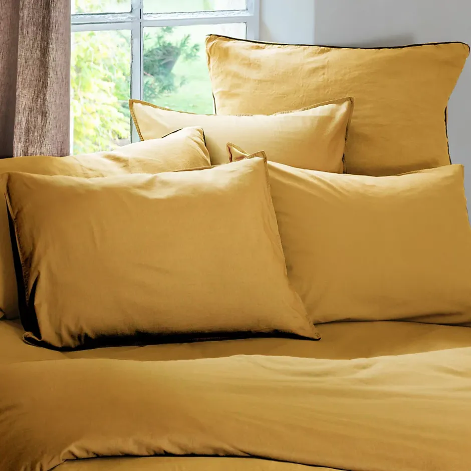 Linnea Taie d'oreiller PALACE pur coton lavé 50x70 cm uni jaune curry Hot