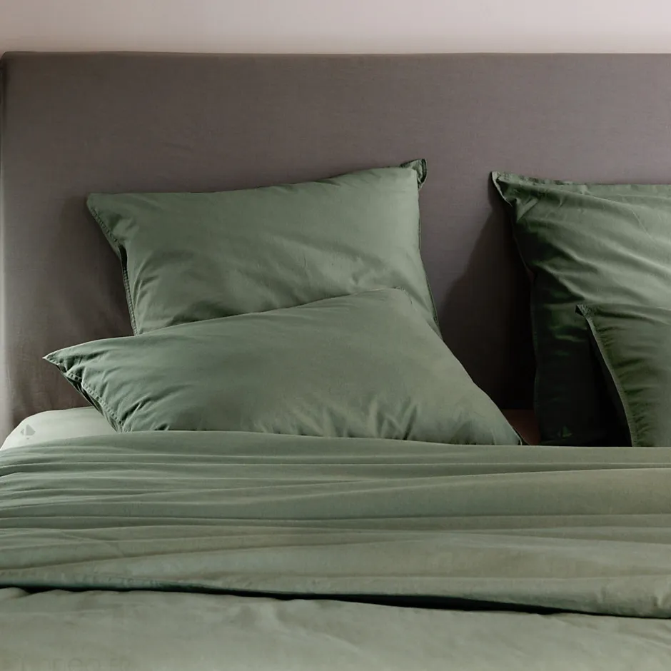 Linnea Taie d'oreiller PALACE pur coton lavé 65x65 cm uni vert mousse