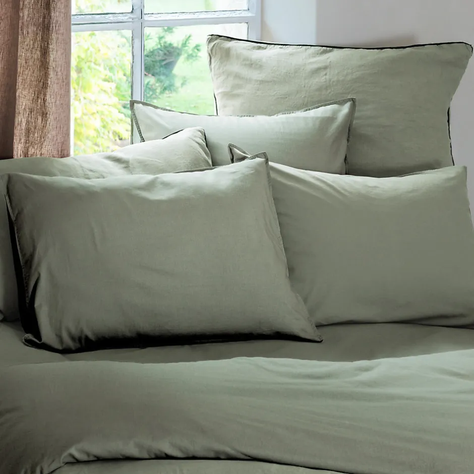 Linnea Taie d'oreiller PALACE pur coton lavé 65x65 cm uni vert sauge