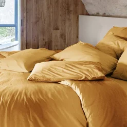 Linnea Taie d'oreiller PALACE pur coton lavé 65x65 cm uni jaune curry Hot