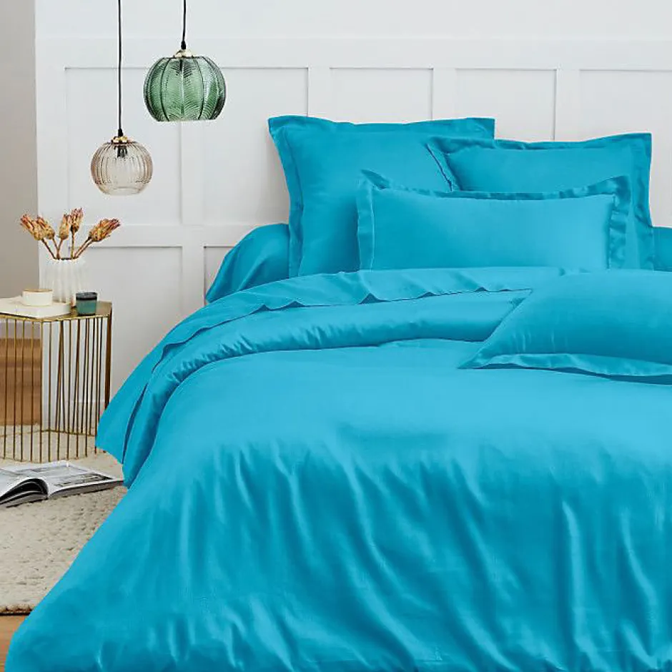 Coton Pur Taie d'oreiller "Prémium" toutes dimensions - Prémium Cyan - 63 x 63 cm volant plat piqué