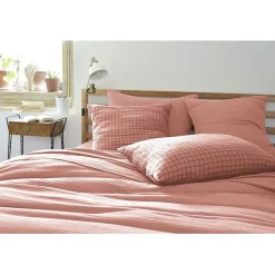 L'Effet Papillon Taie d'oreiller Tissé-teint petits carreaux Déco "Gaïa Mix" 60 x 60 cm & 50 x 70 cm "Gaze de Coton" - Gaïa Mix Rose Pêche - 60 x 6