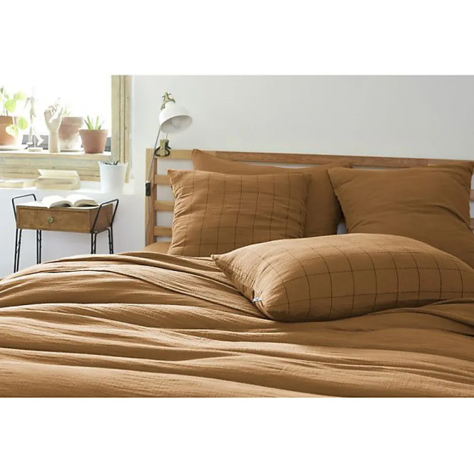 L'Effet Papillon Taie d'oreiller Tissé-teint grands carreaux Déco "Gaïa Match" 60 x 60 cm & 50 x 70 cm "Gaze de Coton" - Gaïa Match Camel - 60 x 60 Hot