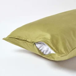 Homescapes Taie d'oreiller vert olive en satin de coton égyptien 1000 fils, 40x80 cm - Online