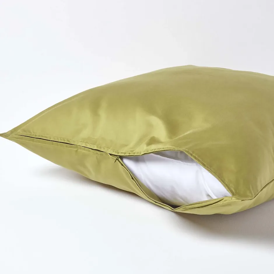 Homescapes Taie d'oreiller vert olive en satin de coton égyptien 1000 fils, 80x80 cm - Online