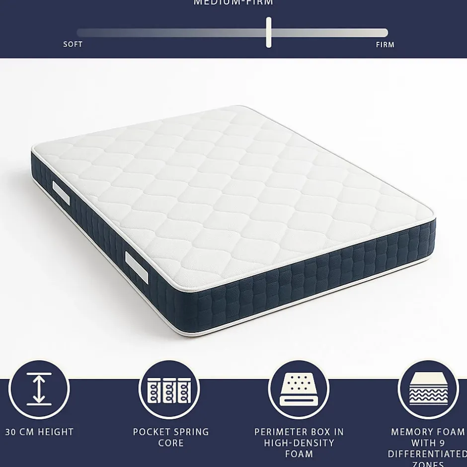 The White Stone Matelas 180x200cm, Hauteur 30 cm, avec Ressorts Ensachés et Memory Foam Clearance