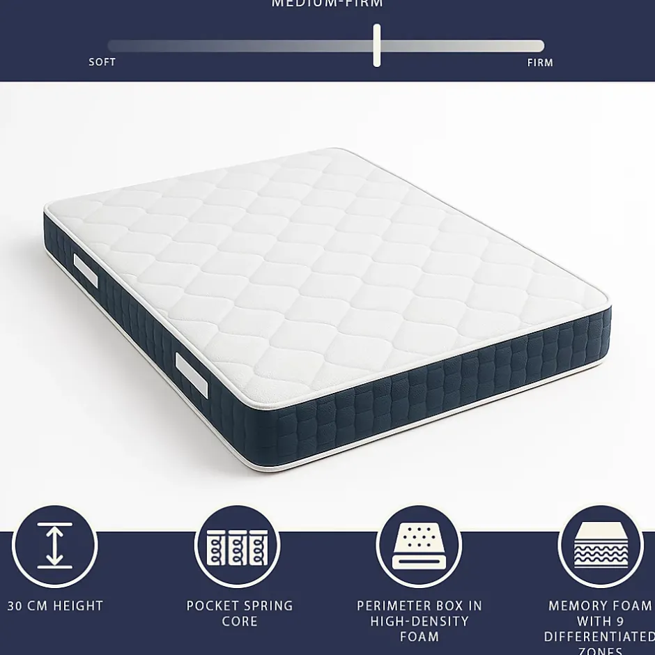 The White Stone Matelas 180x200cm, Hauteur 30 cm, avec Ressorts Ensachés et Memory Foam Clearance