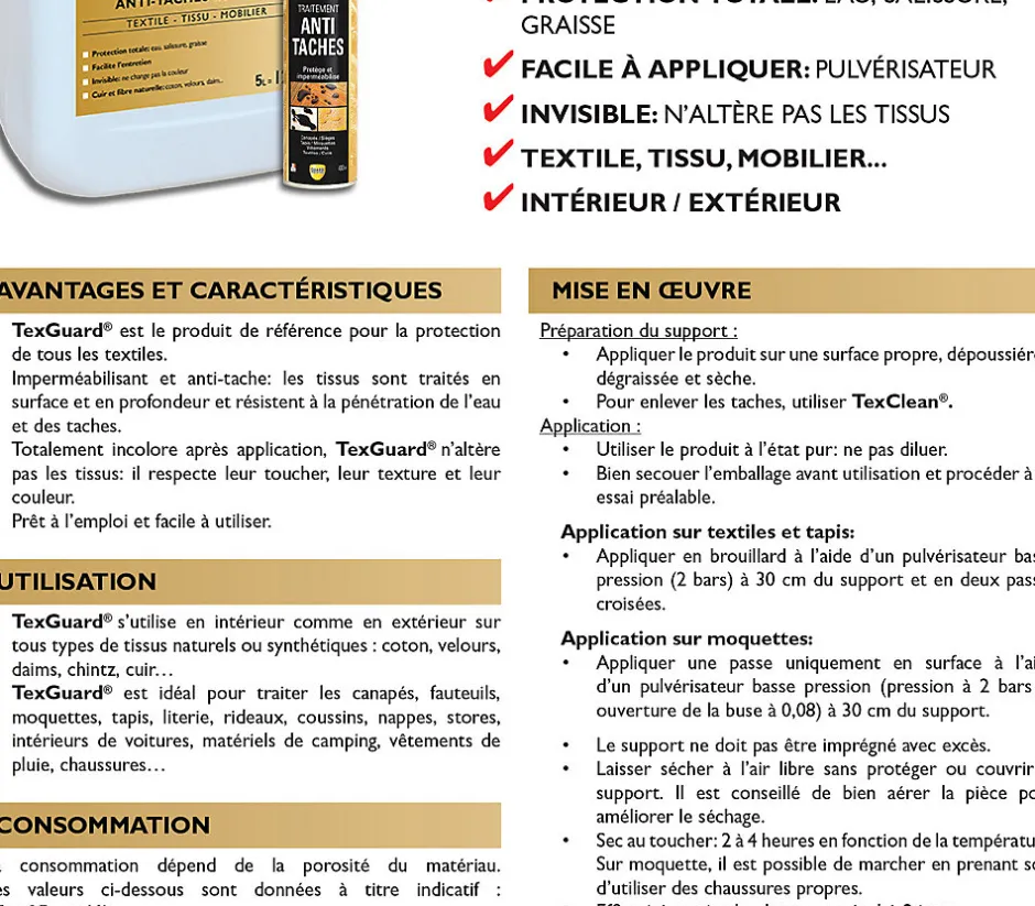 Guard Industrie Traitement anti taches tissus ou cuir TEXGUARD 2L (+ Bouchon Pulvérisateur offert) traite 40m²