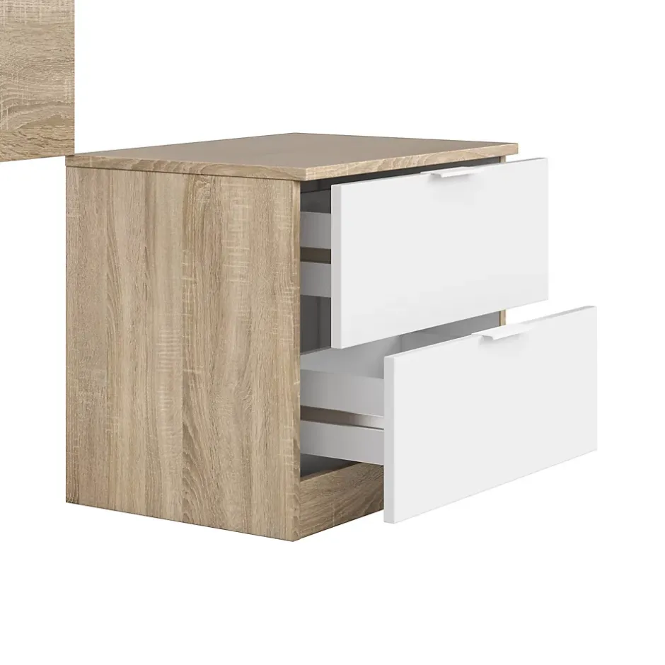 Dmora Tête de lit Aleangy, Table de chevet à deux tiroirs avec tête de lit pour lit simple de 90 cm, 100h50 cm, Chêne et Blanc