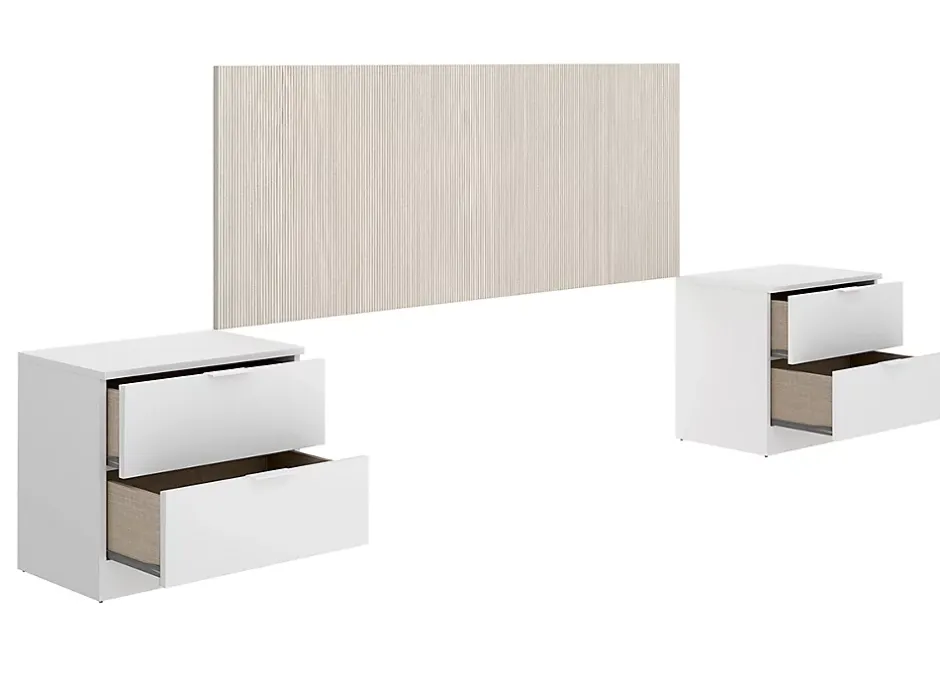 Pegane Tête de lit avec 2 tables de chevet coloris imitation lamelles, blanc - longueur 256 x profondeur 34 x hauteur 106 cm Discount