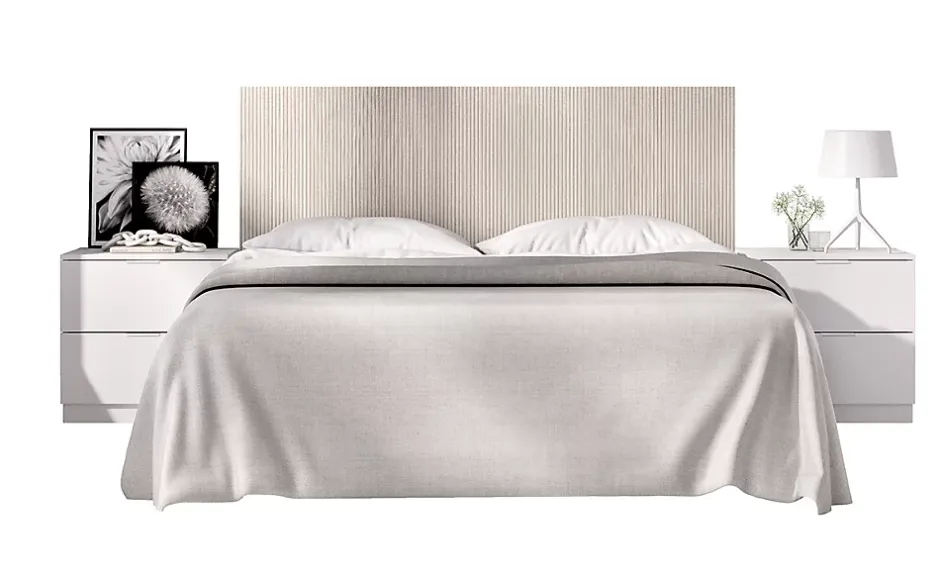 Pegane Tête de lit avec 2 tables de chevet coloris imitation lamelles, blanc - longueur 256 x profondeur 34 x hauteur 106 cm Discount