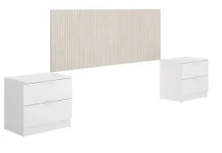 Pegane Tête de lit avec 2 tables de chevet coloris imitation lamelles, blanc - longueur 256 x profondeur 34 x hauteur 106 cm Discount