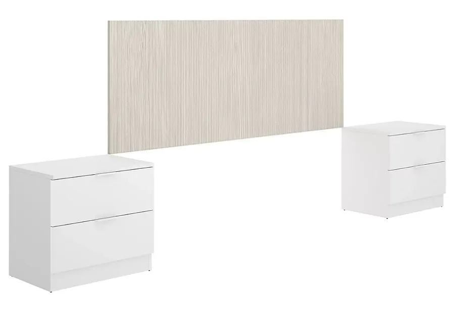 Pegane Tête de lit avec 2 tables de chevet coloris imitation lamelles, blanc - longueur 256 x profondeur 34 x hauteur 106 cm Discount