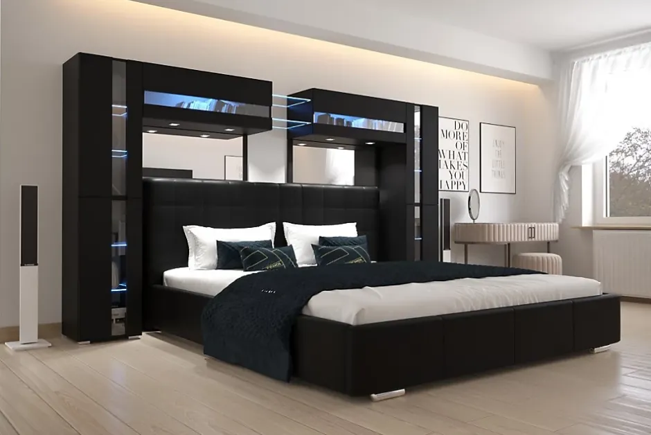 Azura Home Design Tête de lit avec rangement Armoire - pont de lit PANAMA 14/HG/B/1-1C noir/noir brillant 290x184x35cm Online