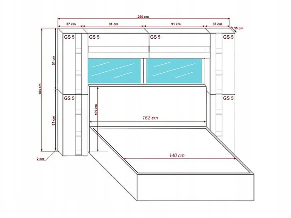 Azura Home Design Tête de lit avec rangement Armoire - pont de lit PANAMA 14/M/S/5-1A chêne sonoma 256x184x35cm