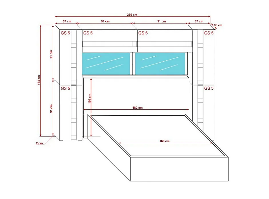 Azura Home Design Tête de lit avec rangement Armoire - pont de lit PANAMA 14/M/S/5-1A chêne sonoma 256x184x35cm