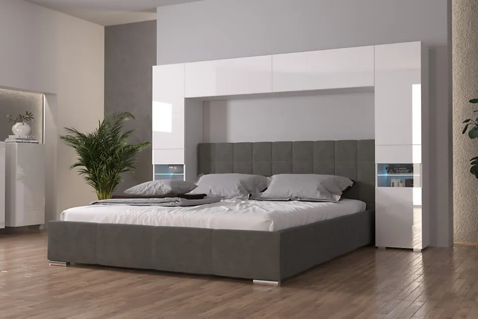 Azura Home Design Tête de lit avec rangement Armoire - pont de lit PANAMA 12HG/W/2-1B blanc/blanc brillant 240x184x35cm