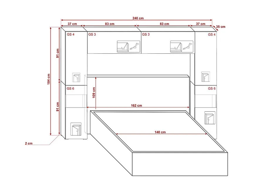 Azura Home Design Tête de lit avec rangement Armoire - pont de lit PANAMA 12HG/W/2-1B blanc/blanc brillant 240x184x35cm