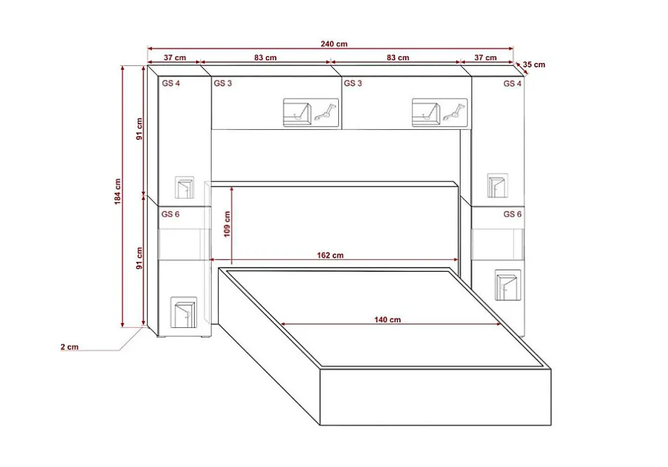 Azura Home Design Tête de lit avec rangement Armoire - pont de lit PANAMA 12HG/W/2-1B blanc/blanc brillant 240x184x35cm
