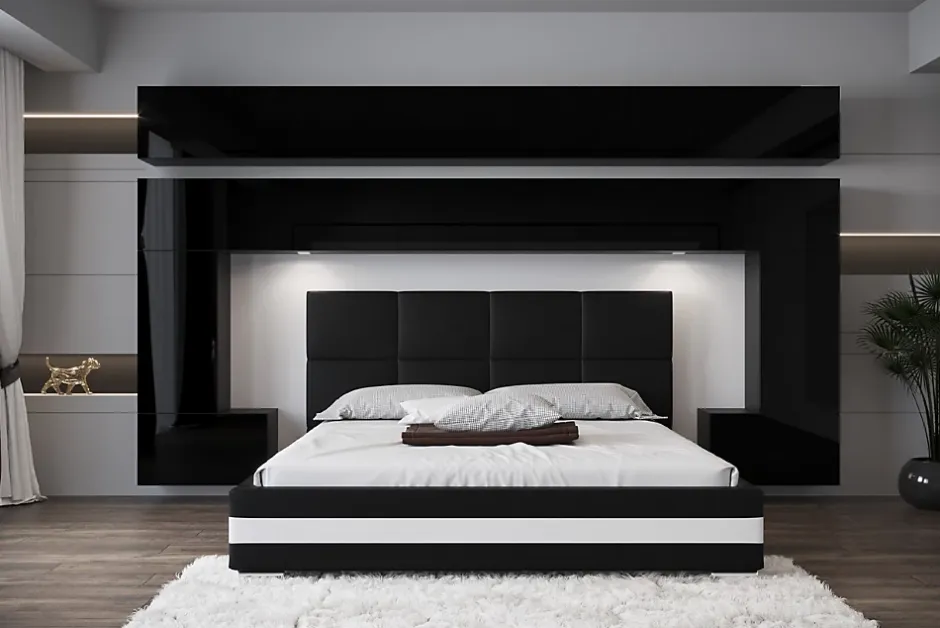 Azura Home Design Tête de lit avec rangement Armoire - pont de lit PANAMA 5/HG/B/1-1A noir/noir brillant 323x214x35cm Clearance