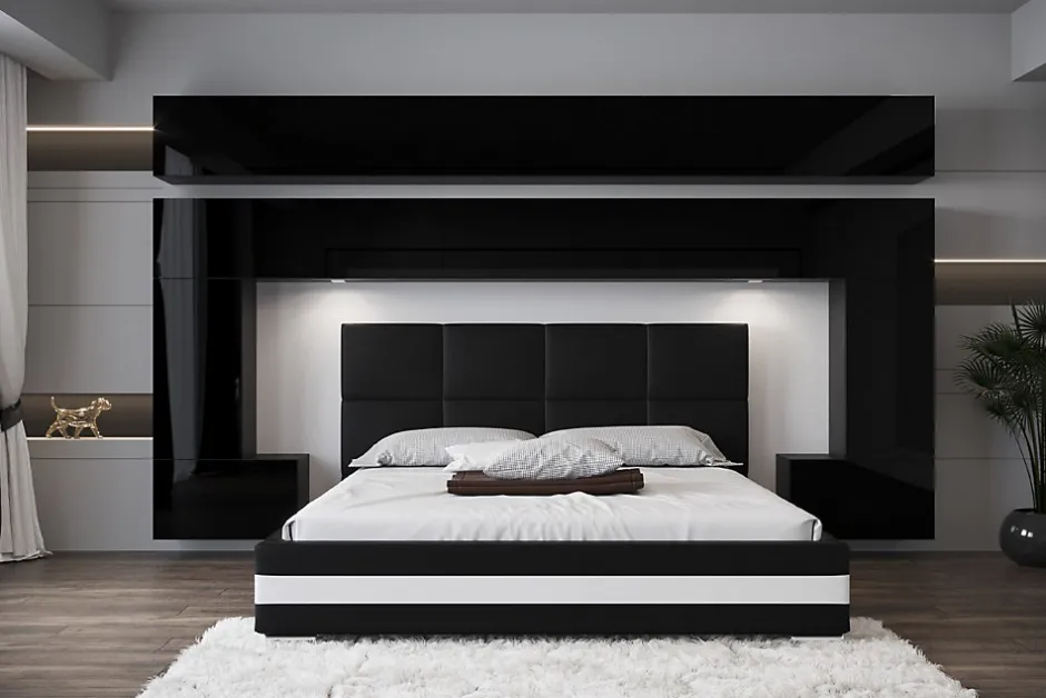 Azura Home Design Tête de lit avec rangement Armoire - pont de lit PANAMA 5/HG/B/1-1C noir/noir brillant 300x214x35cm