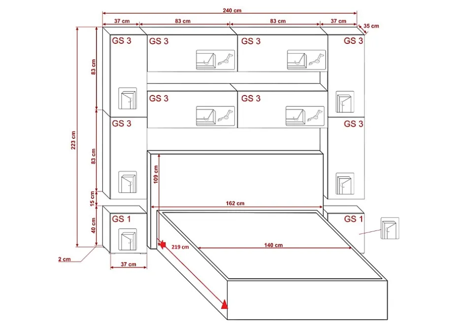 Azura Home Design Tête de lit avec rangement Armoire - pont de lit PANAMA 4/HG/W/2-1B blanc/blanc brillant 240x223x35cm