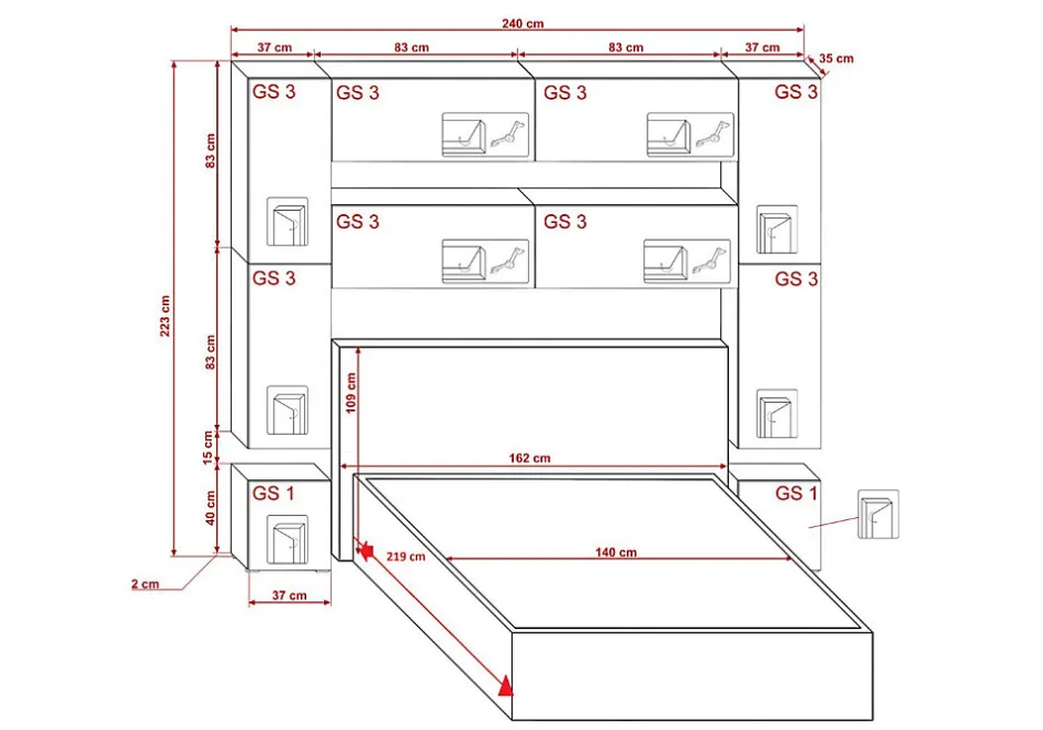 Azura Home Design Tête de lit avec rangement Armoire - pont de lit PANAMA 4/M/W/3-1B blanc 240x223x35cm