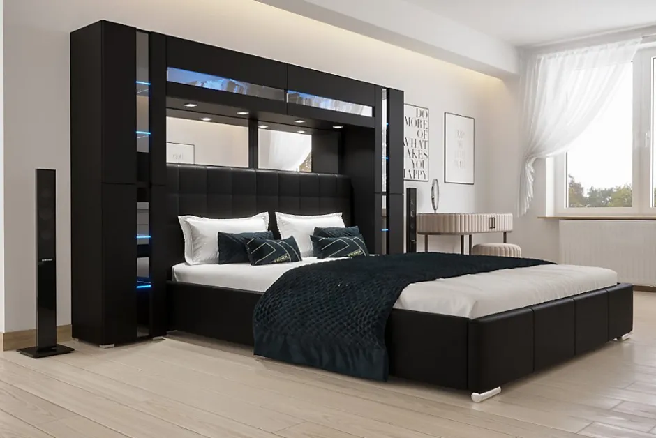 Azura Home Design Tête de lit avec rangement Armoire - pont de lit PANAMA 14-HG-B-1-1A noir/noir brillant 256x184x35cm